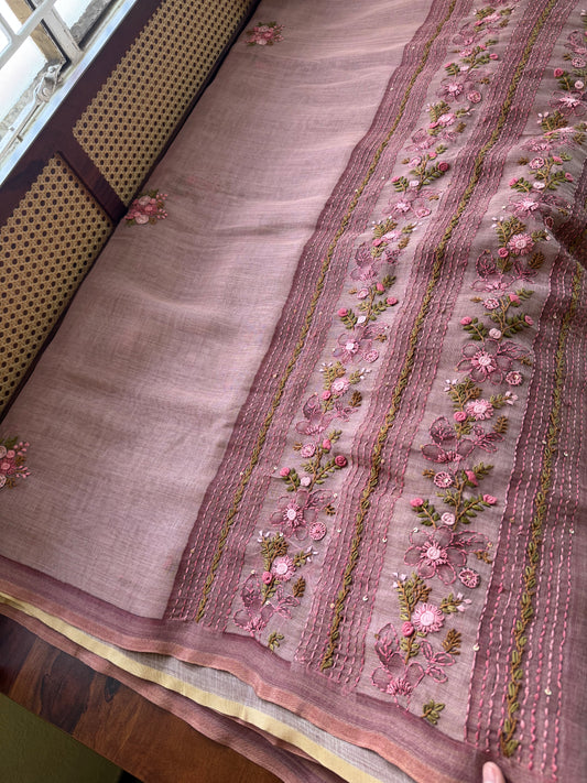 Premium Tissue Linen Sarees with heavy blouse - Pink