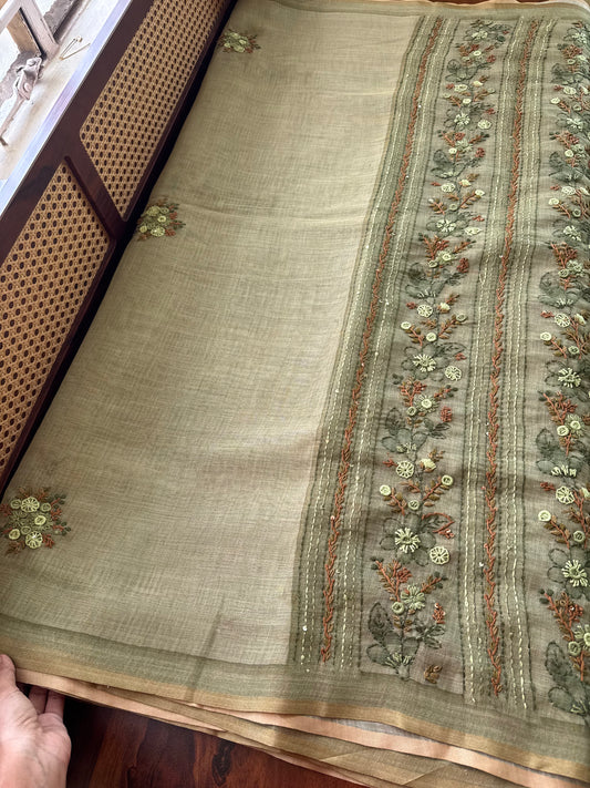 Premium Tissue Linen Sarees with heavy blouse - Green