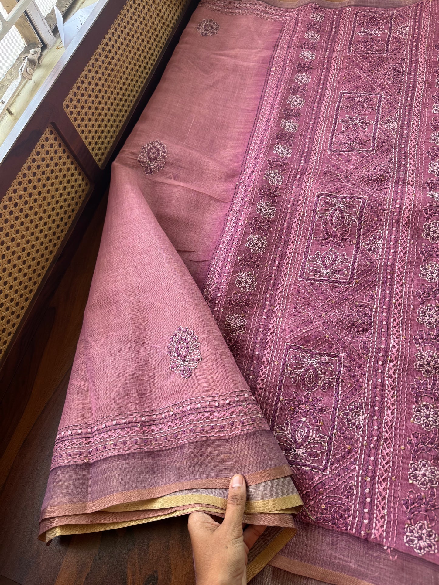 Premium Tissue Linen Sarees with borders & heavy blouse - Pink