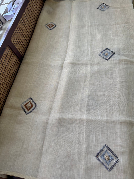 Premium Tissue Linen Sarees with heavy blouse - Half white & Grey