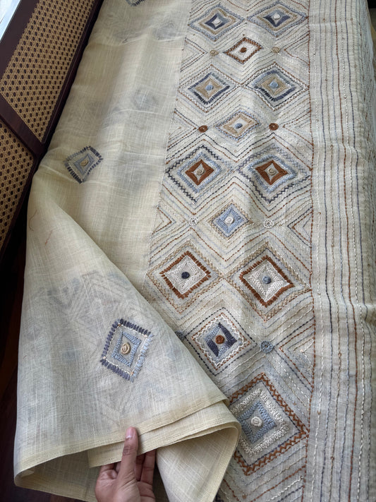 Premium Tissue Linen Sarees with heavy blouse - Half white & Grey
