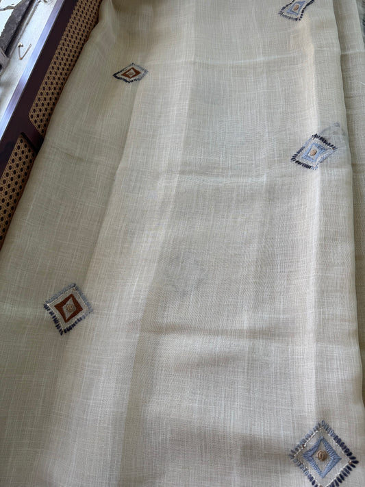 Premium Tissue Linen Sarees with heavy blouse - Half white & Grey Mustard