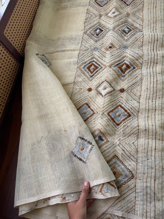 Premium Tissue Linen Sarees with heavy blouse - Half white & Grey Mustard