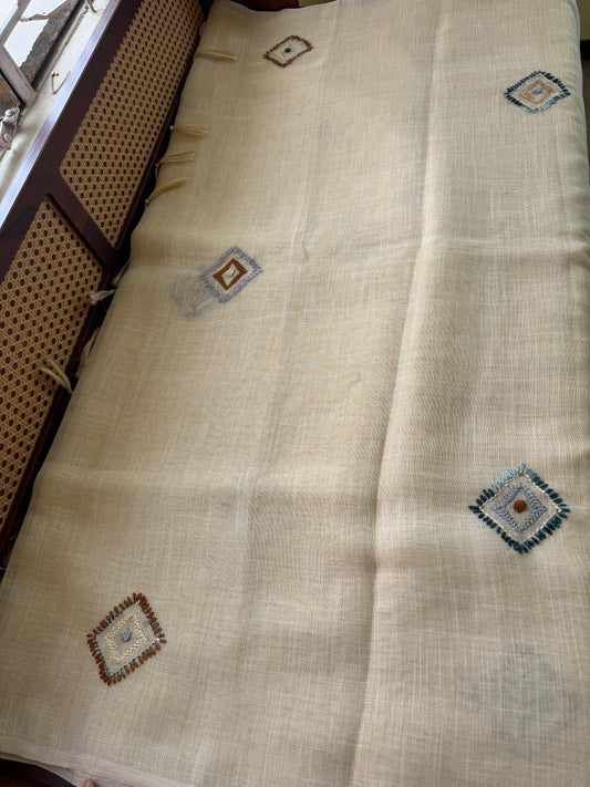 Premium Tissue Linen Sarees with heavy blouse - Half white & Peacock Blue
