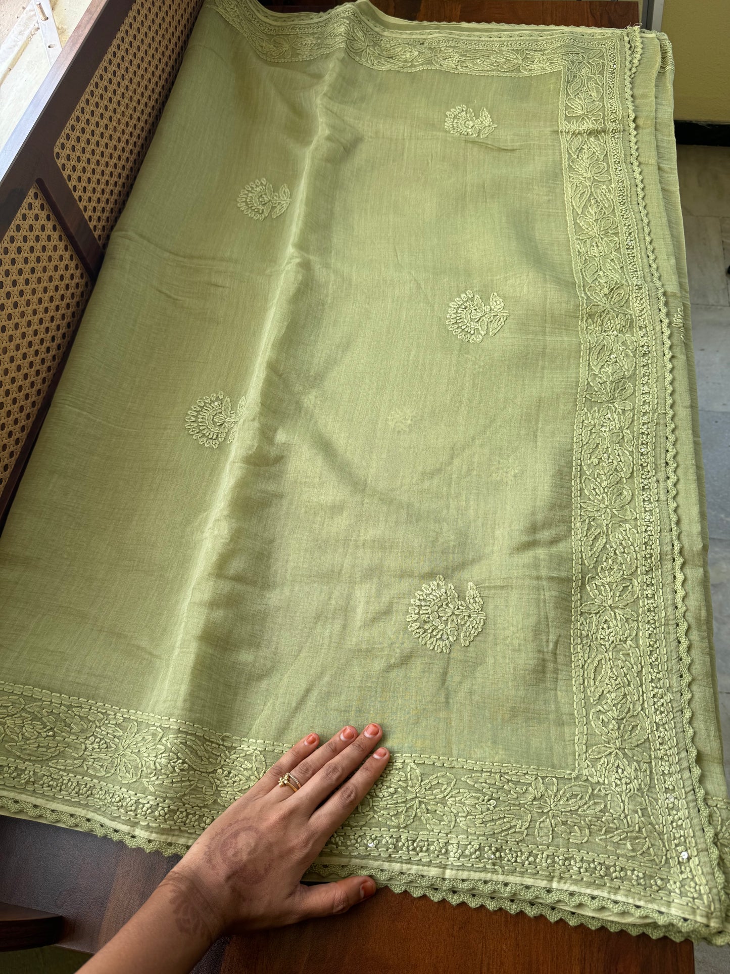 Pure Mul Chanderi Chikankari Saree - Pastel Green