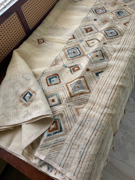 Premium Tissue Linen Sarees with heavy blouse - Half white & Peacock Blue
