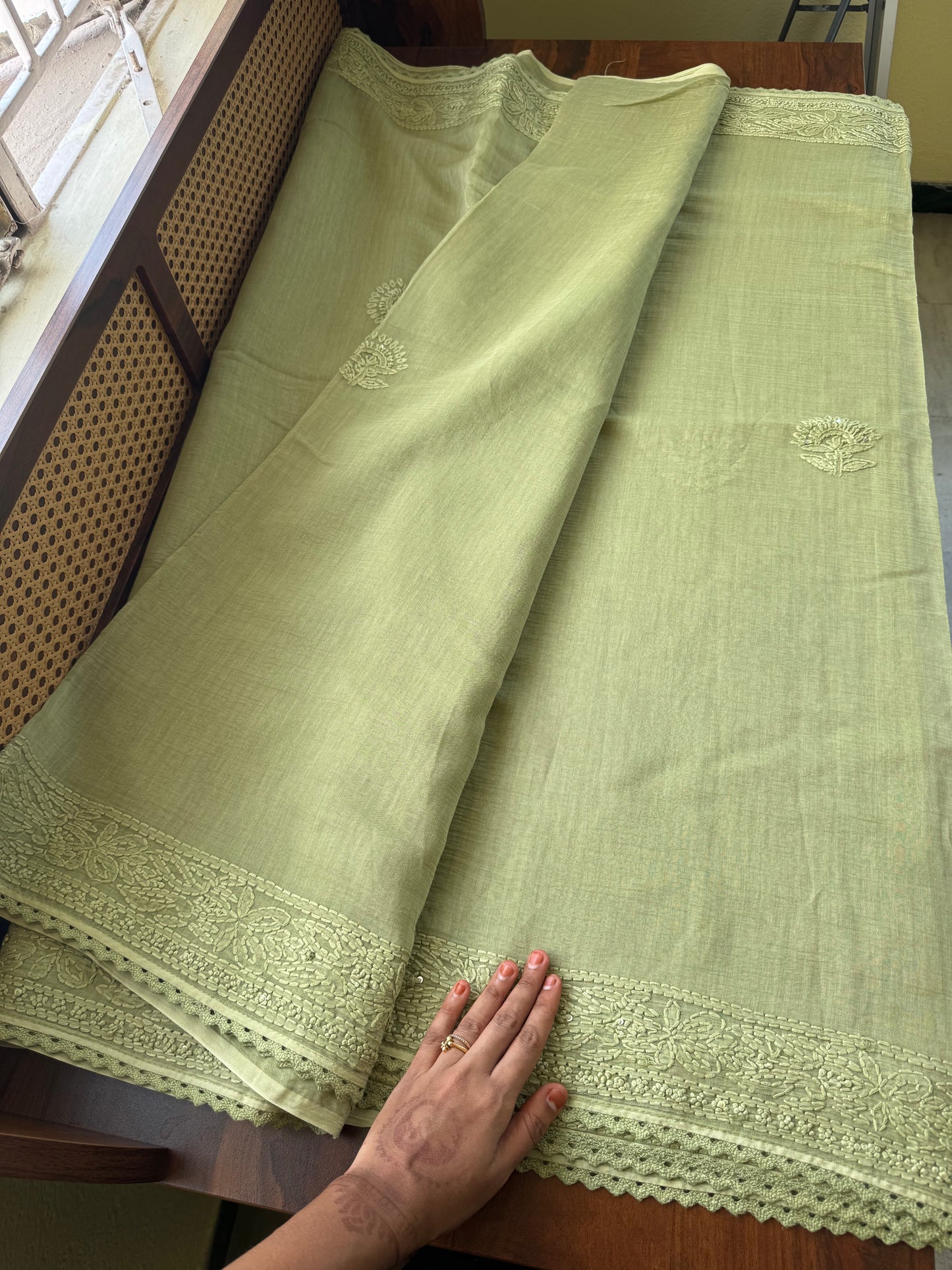 Pure Mul Chanderi Chikankari Saree - Pastel Green