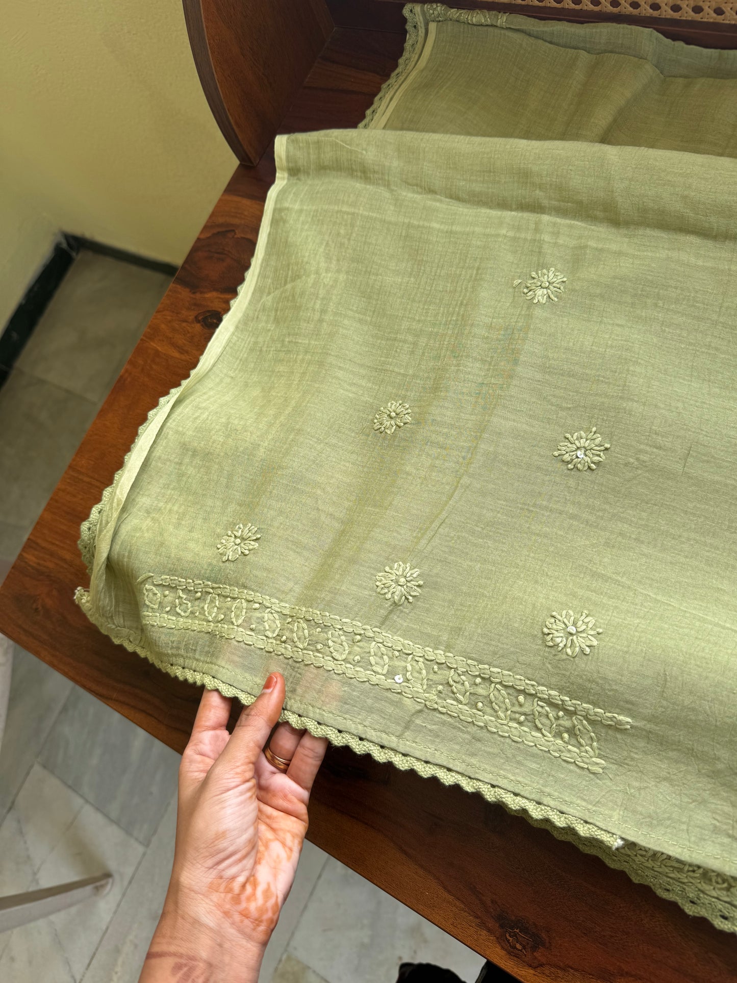 Pure Mul Chanderi Chikankari Saree - Pastel Green