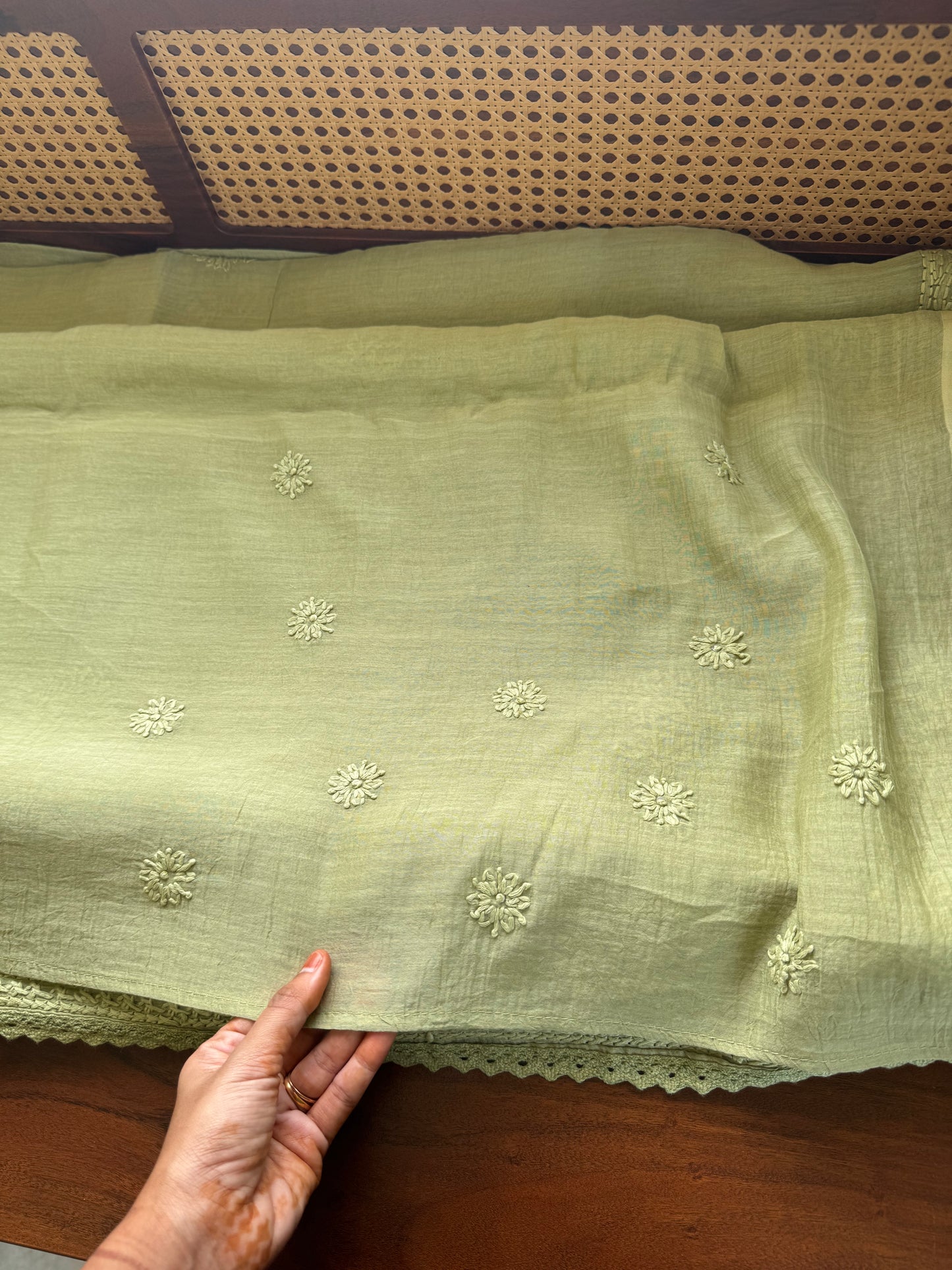 Pure Mul Chanderi Chikankari Saree - Pastel Green