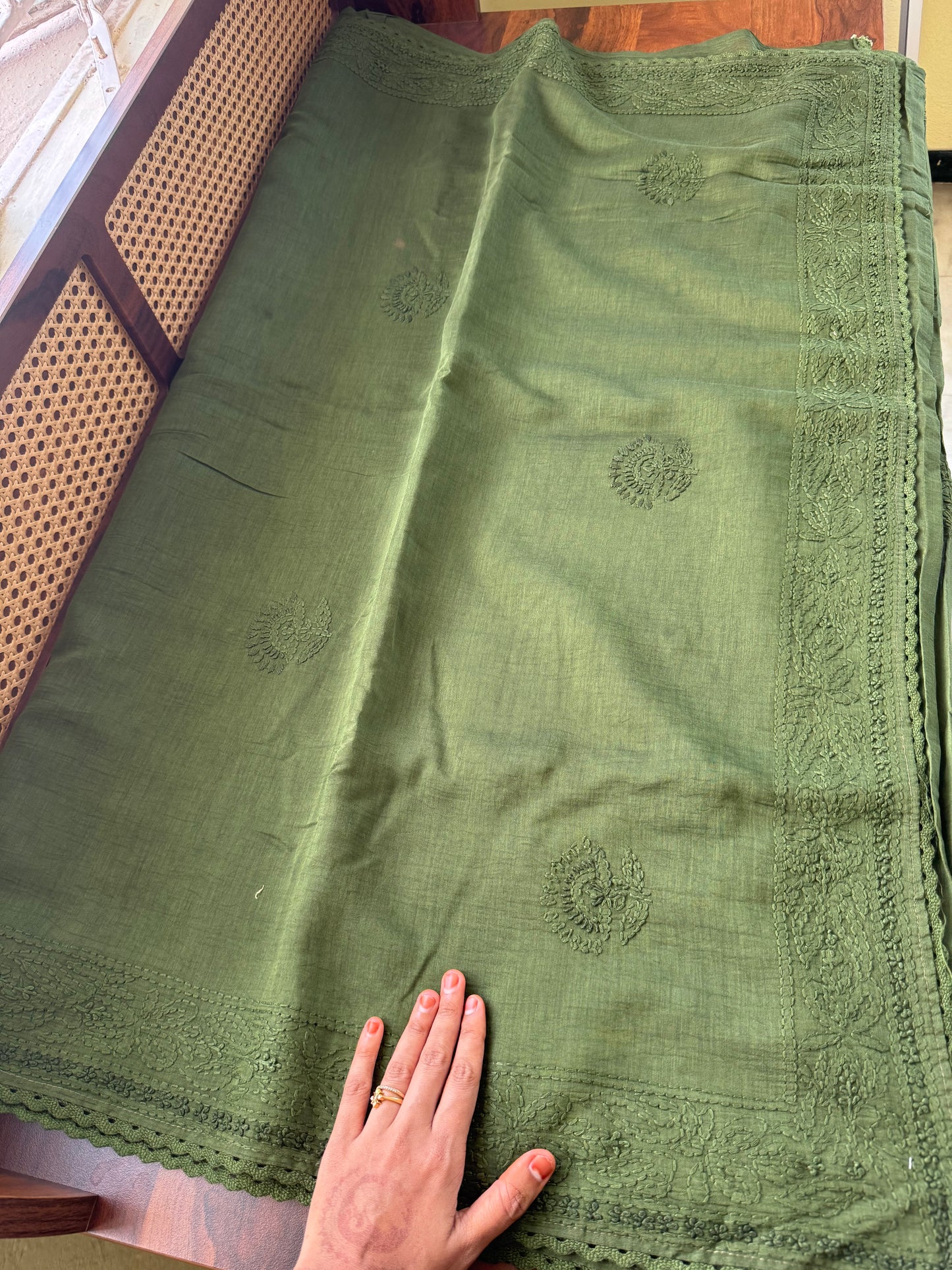 Pure Mul Chanderi Chikankari Saree - Green