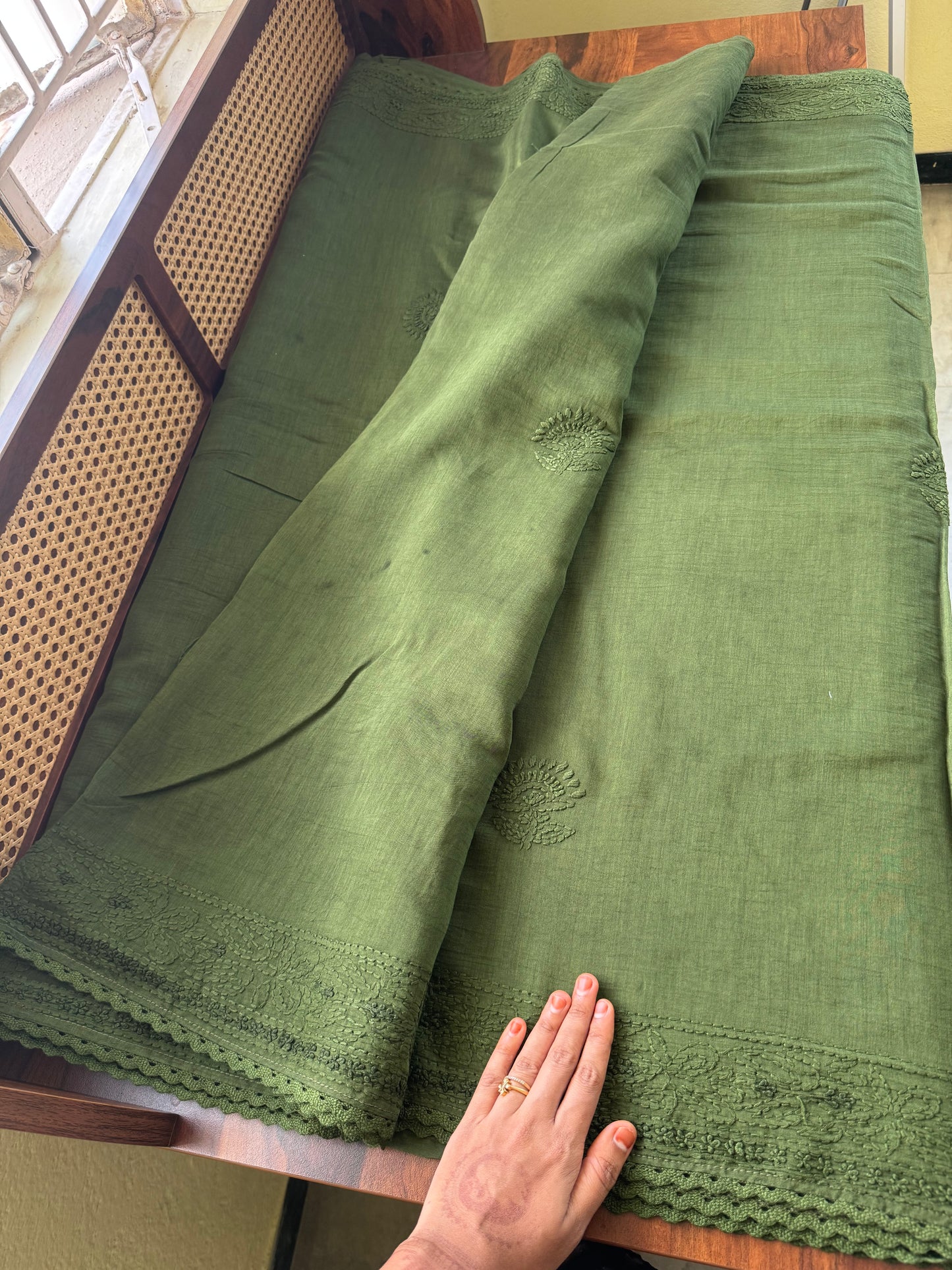 Pure Mul Chanderi Chikankari Saree - Green