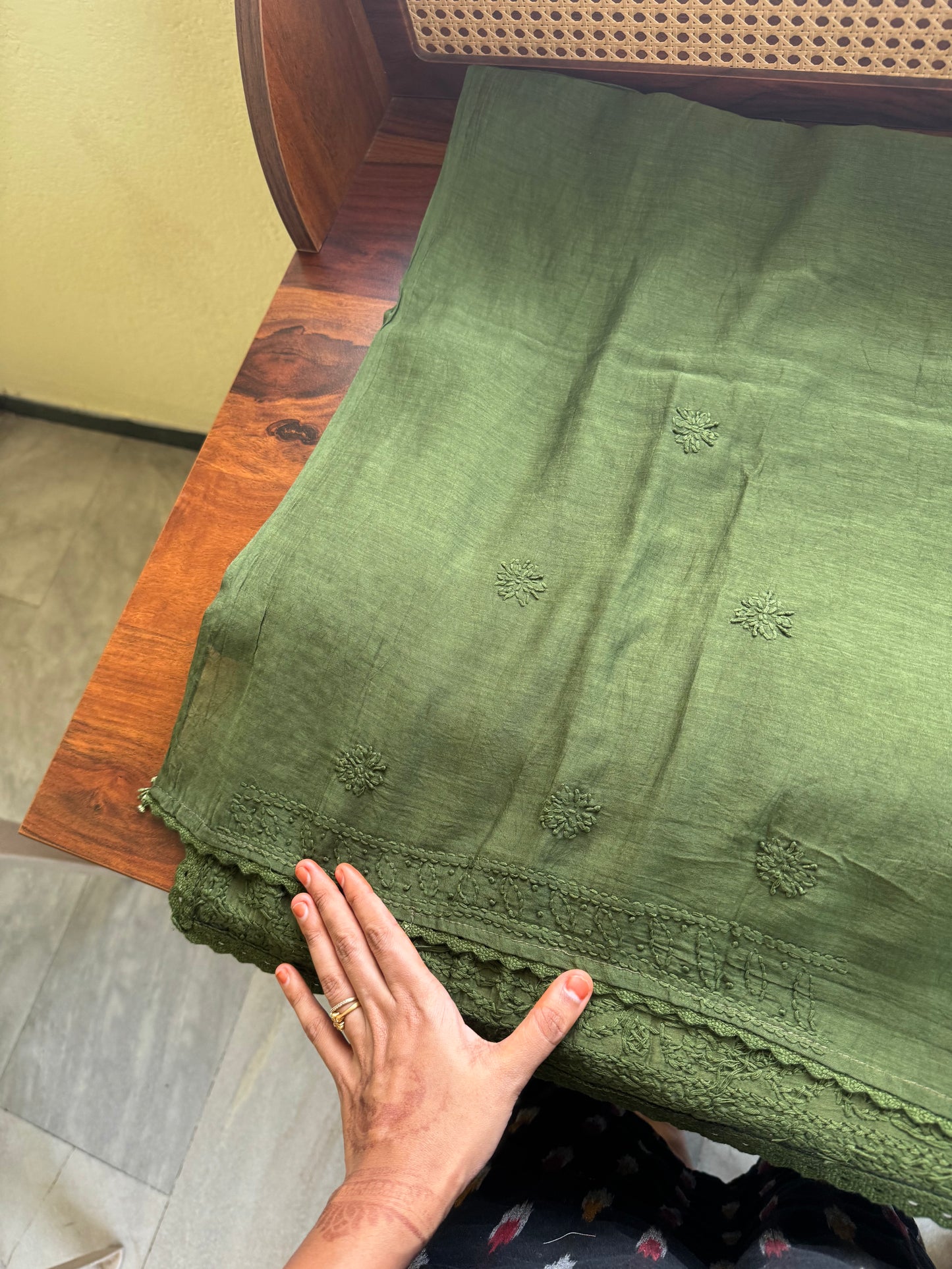 Pure Mul Chanderi Chikankari Saree - Green