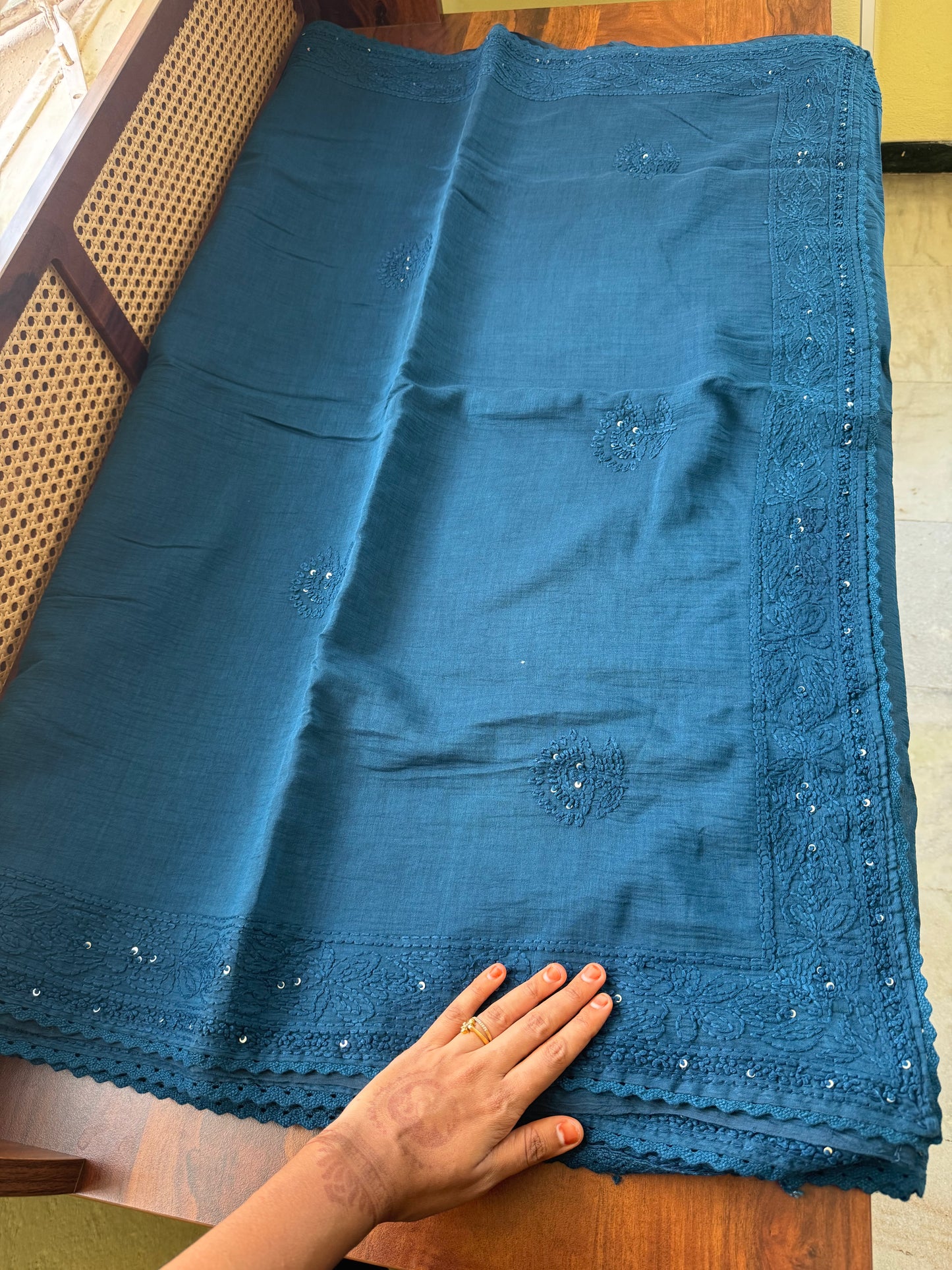 Pure Mul Chanderi Chikankari Saree - Rama Blue
