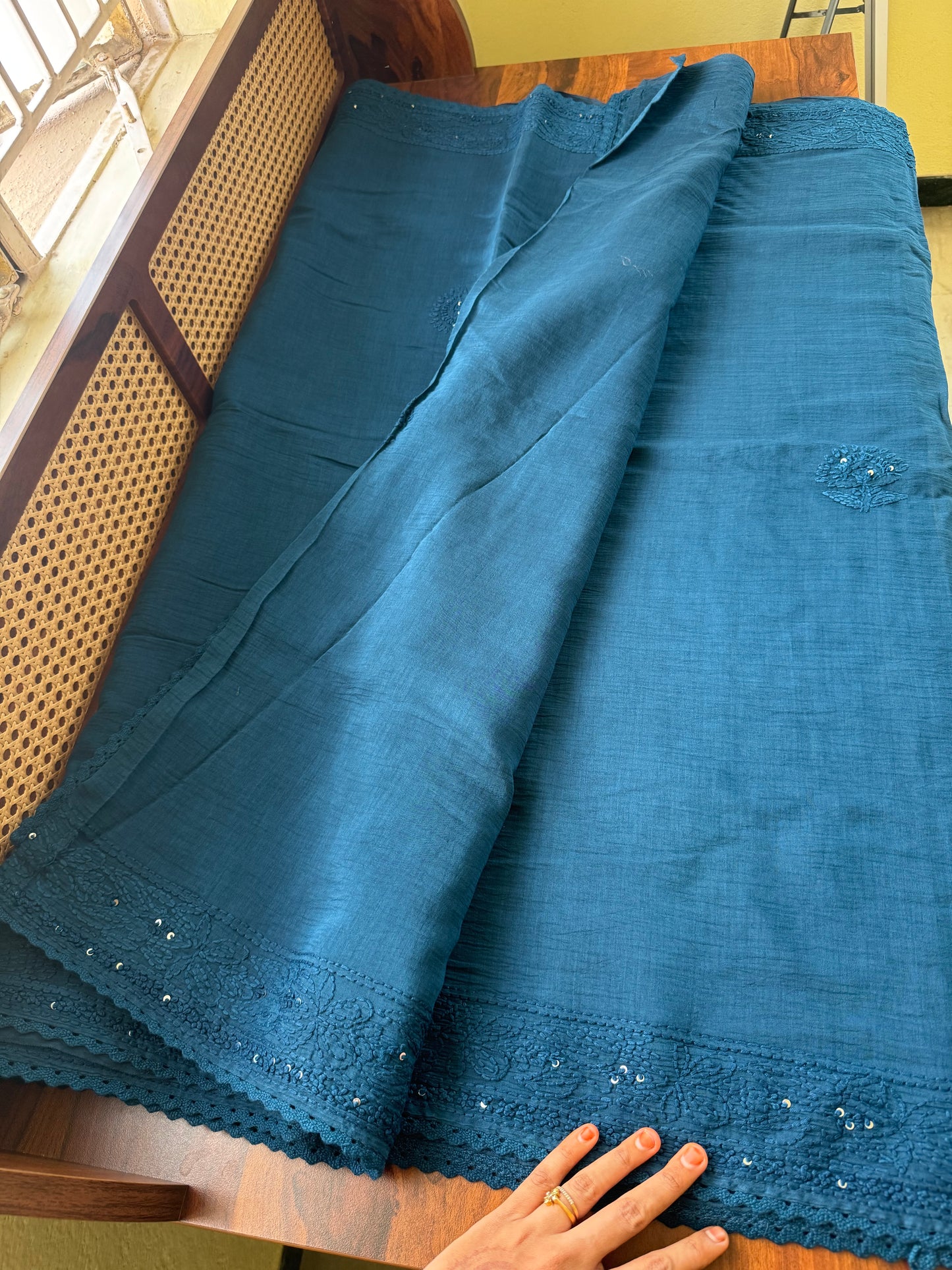 Pure Mul Chanderi Chikankari Saree - Rama Blue