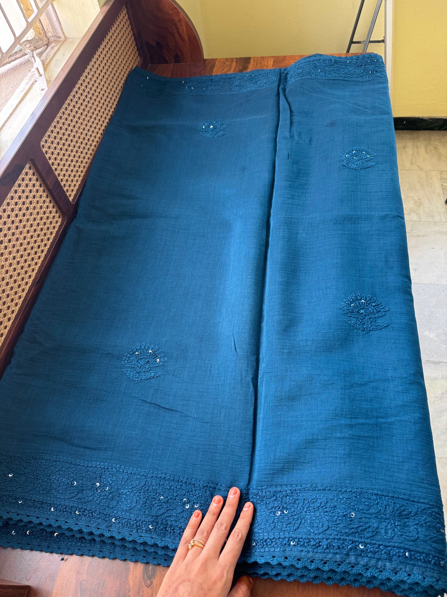 Pure Mul Chanderi Chikankari Saree - Rama Blue