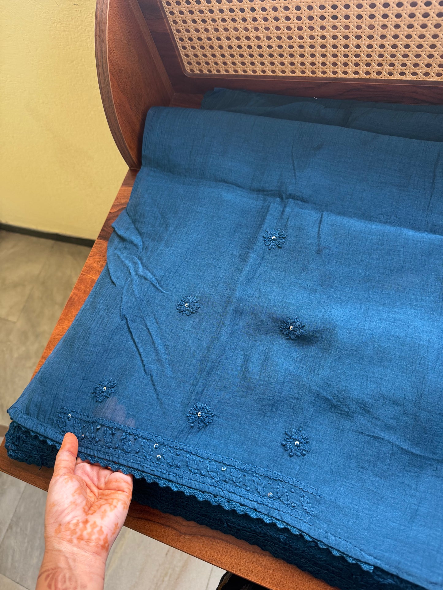 Pure Mul Chanderi Chikankari Saree - Rama Blue