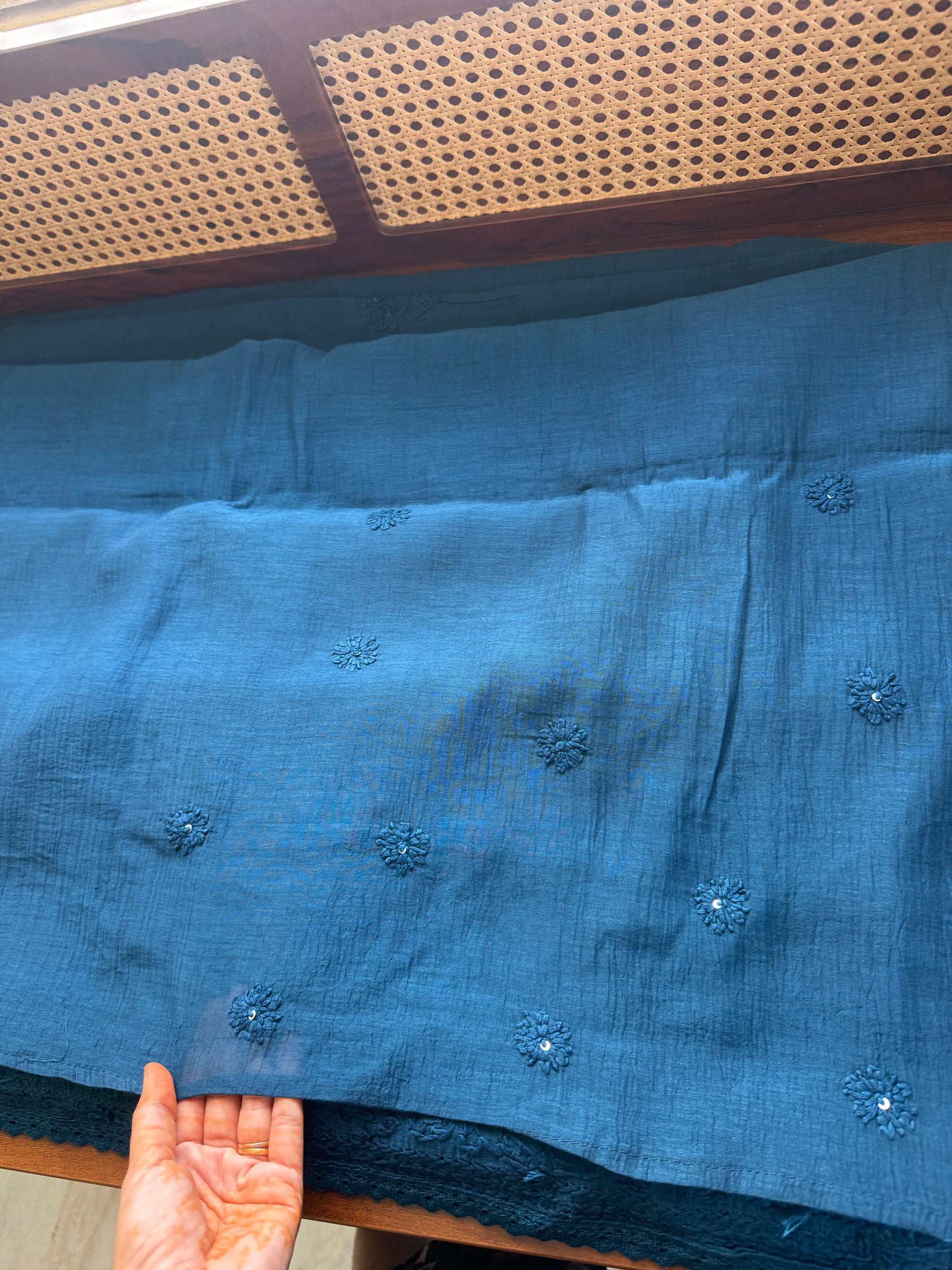 Pure Mul Chanderi Chikankari Saree - Rama Blue