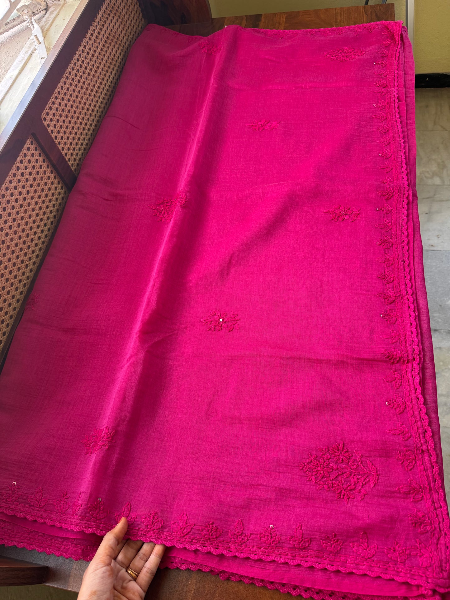 Pure Mul Chanderi Chikankari Saree - Pink
