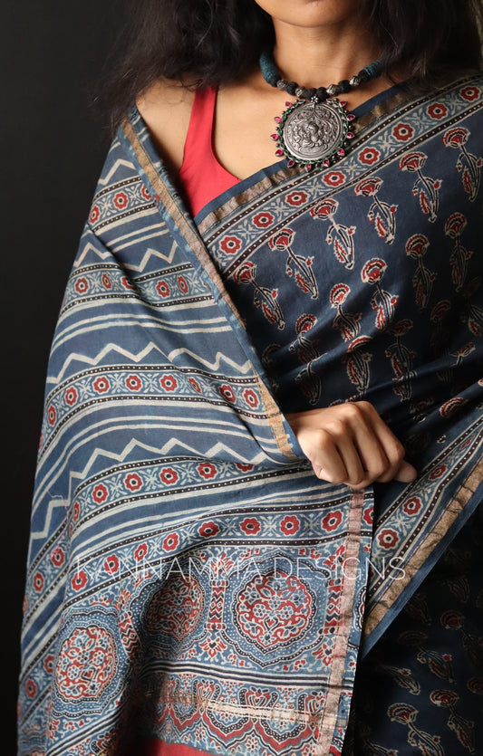 Ajrakh Chanderi Handblock Print Saree - Blue(KS392)