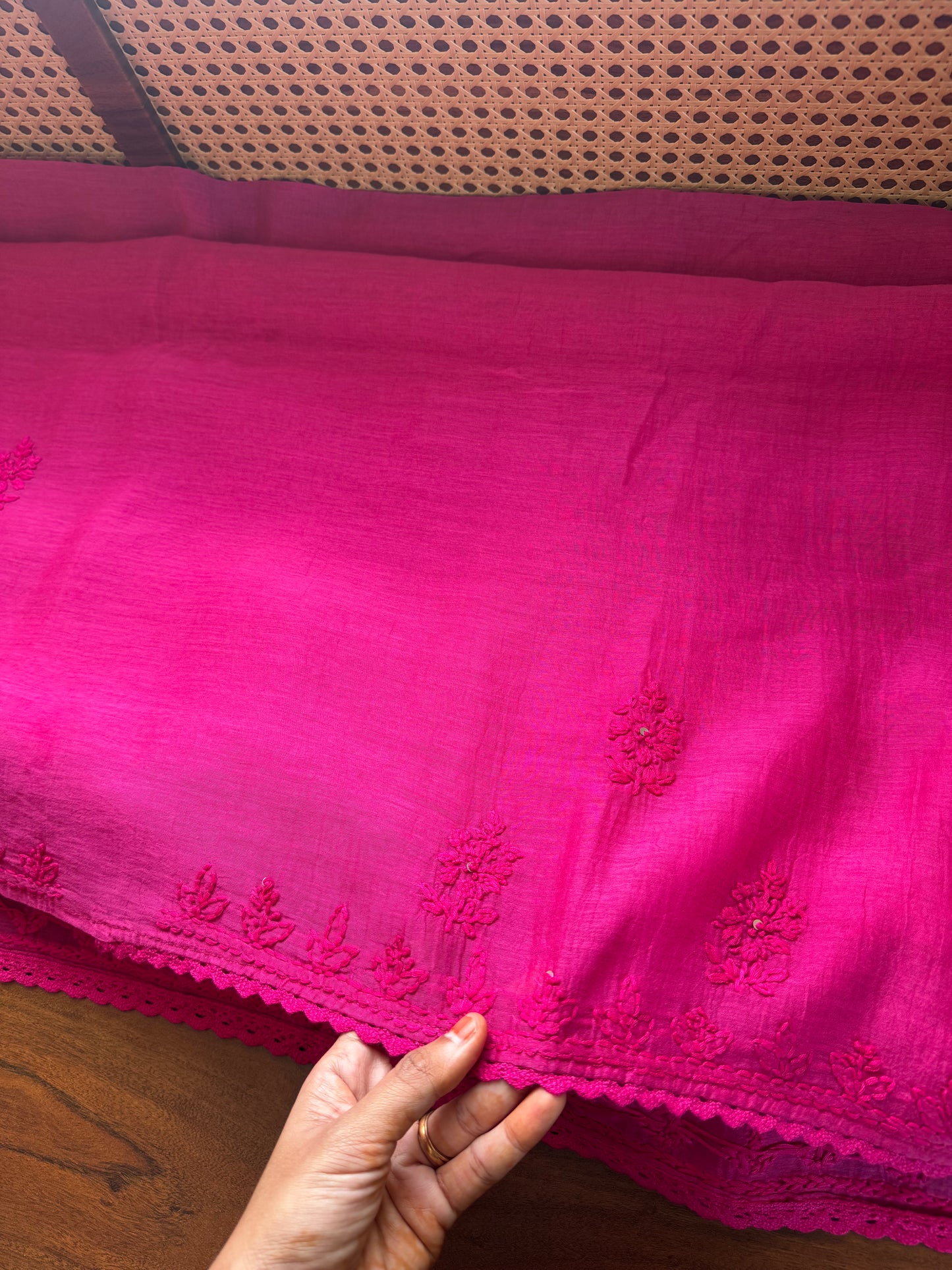 Pure Mul Chanderi Chikankari Saree - Pink
