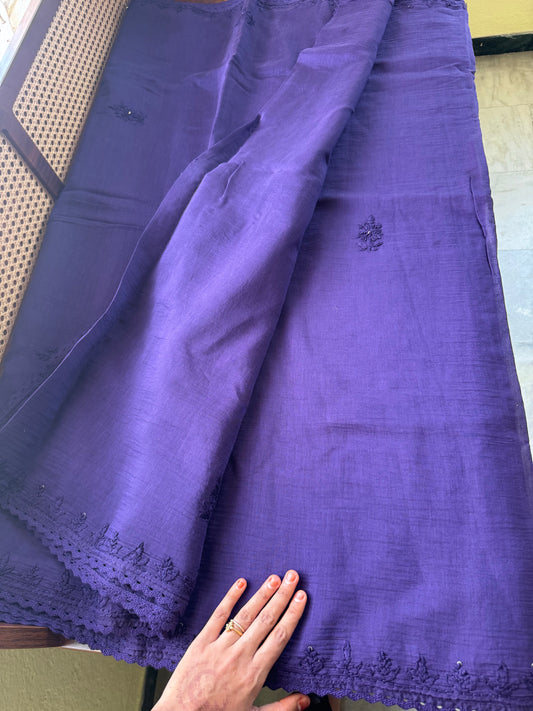 Pure Mul Chanderi Chikankari Saree - Violet