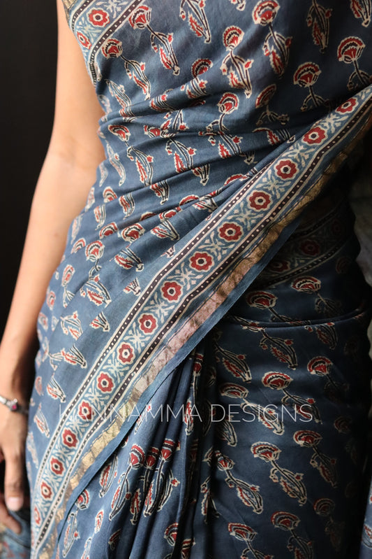 Ajrakh Chanderi Handblock Print Saree - Blue(KS392)