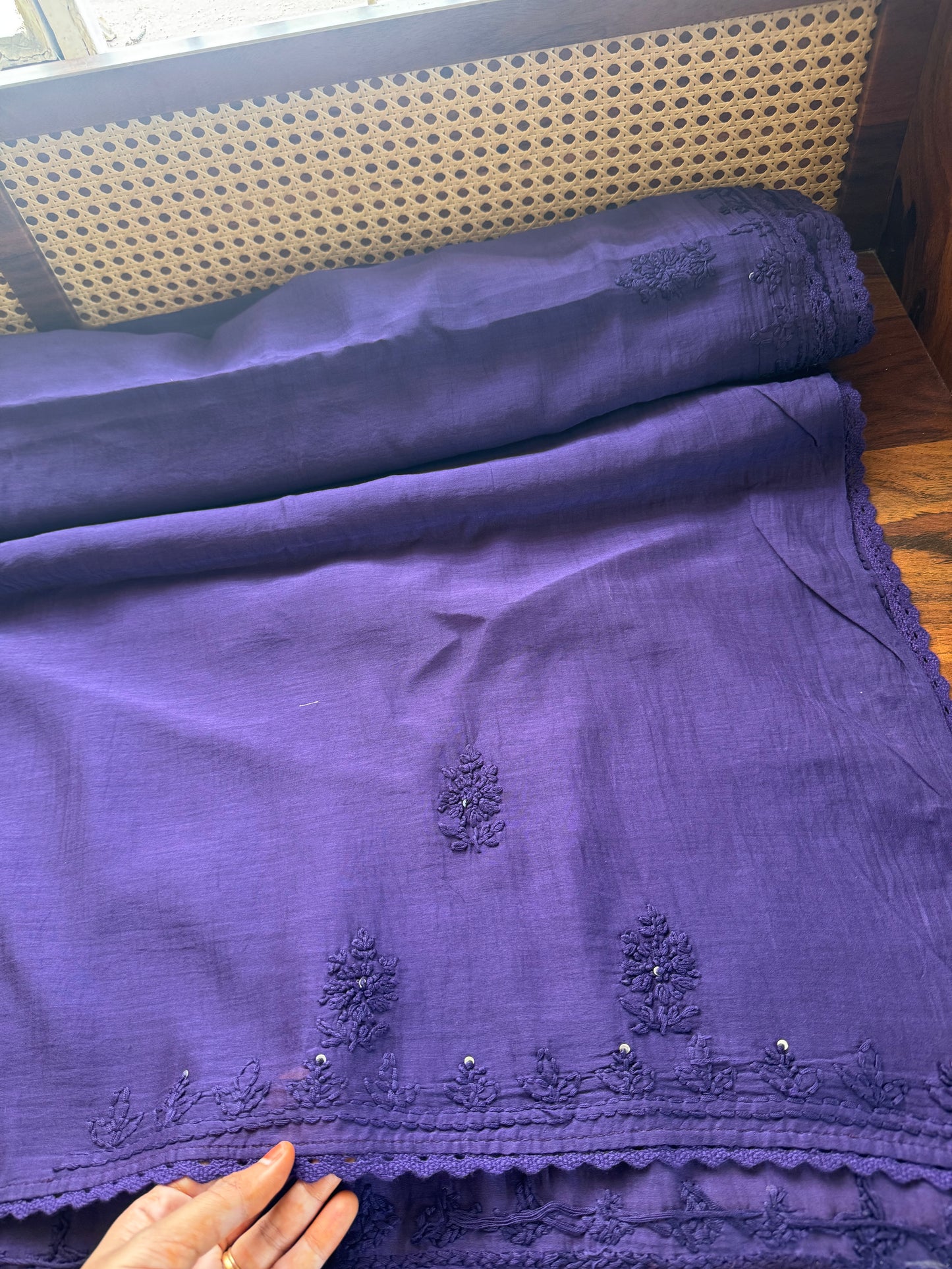 Pure Mul Chanderi Chikankari Saree - Violet