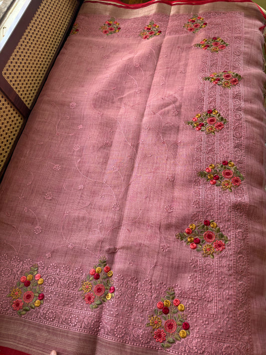 Premium Tissue Linen Sarees - Pink