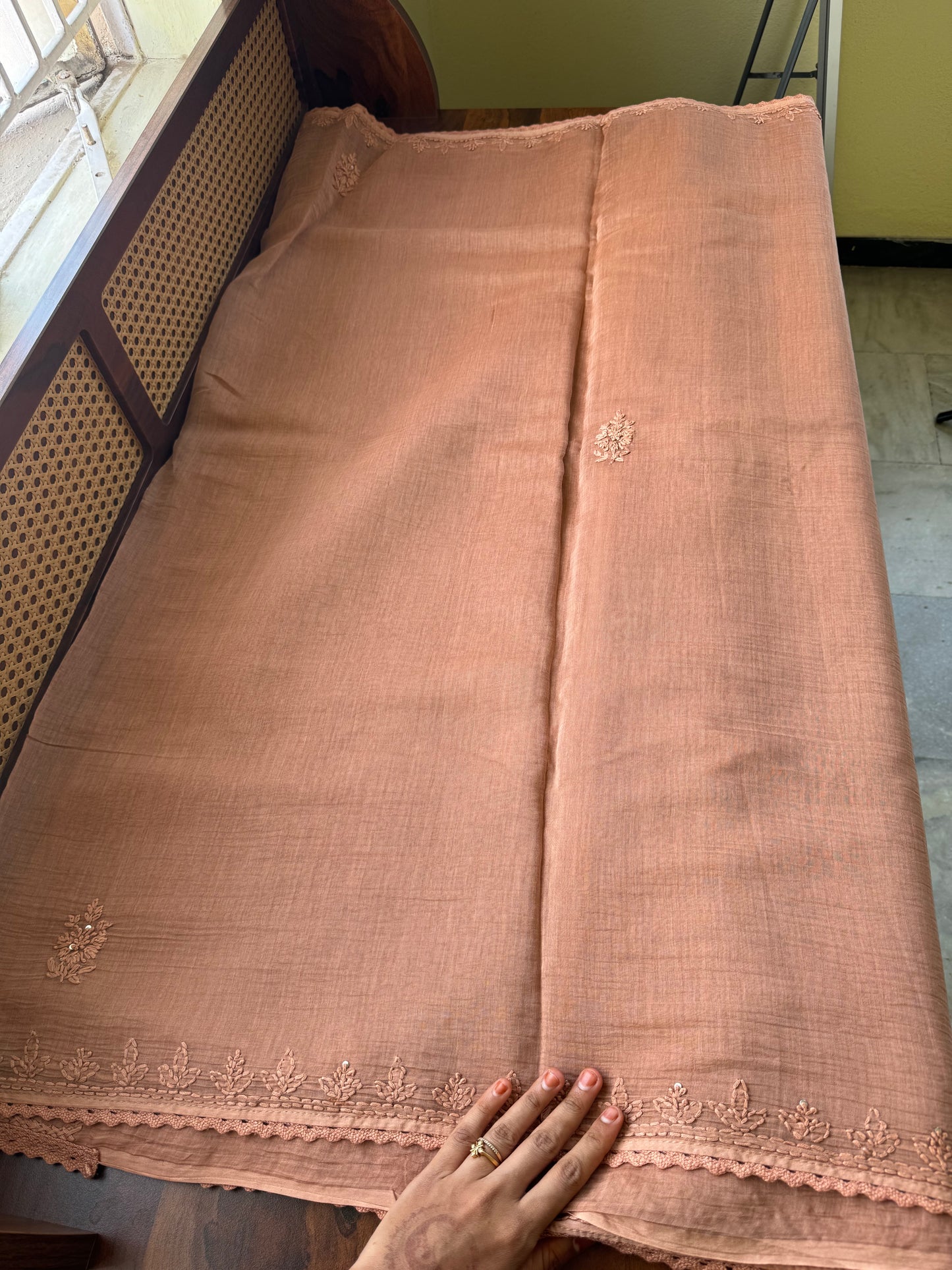 Pure Mul Chanderi Chikankari Saree - Pastel Peach
