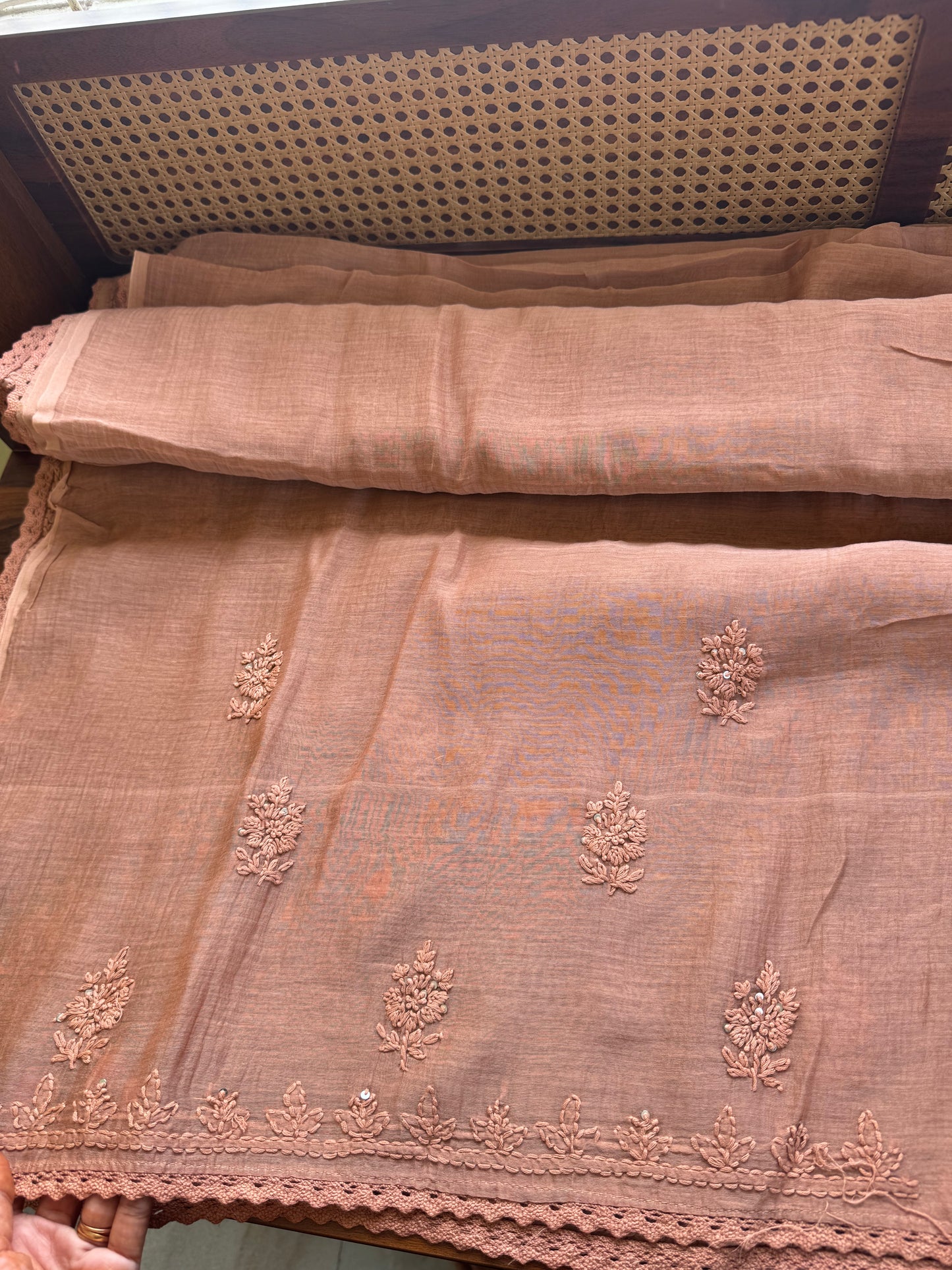 Pure Mul Chanderi Chikankari Saree - Pastel Peach
