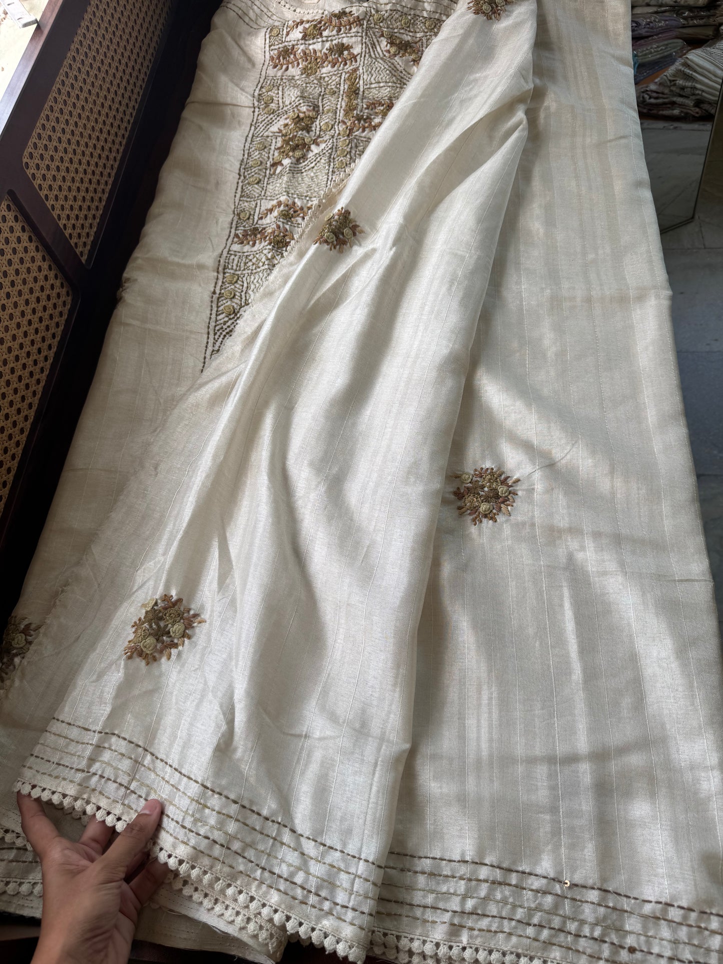 Premium Tussar Blend Saree with Handwork - Halfwhite & Henna Green