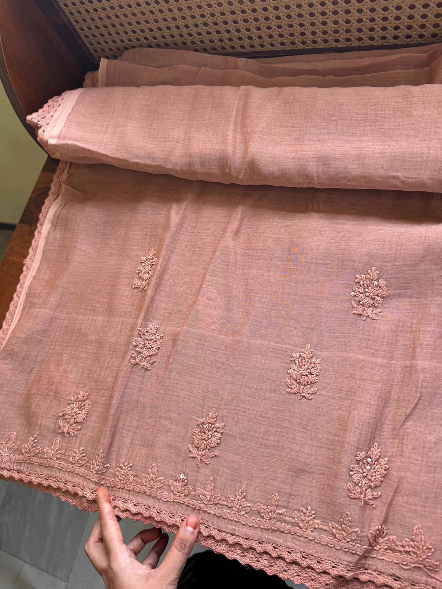 Pure Mul Chanderi Chikankari Saree - Pastel Peach