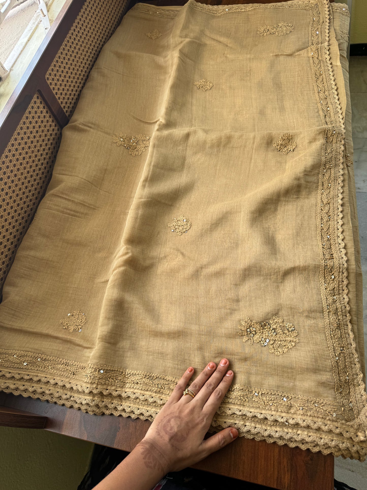 Pure Mul Chanderi Chikankari Saree - Sand Beige