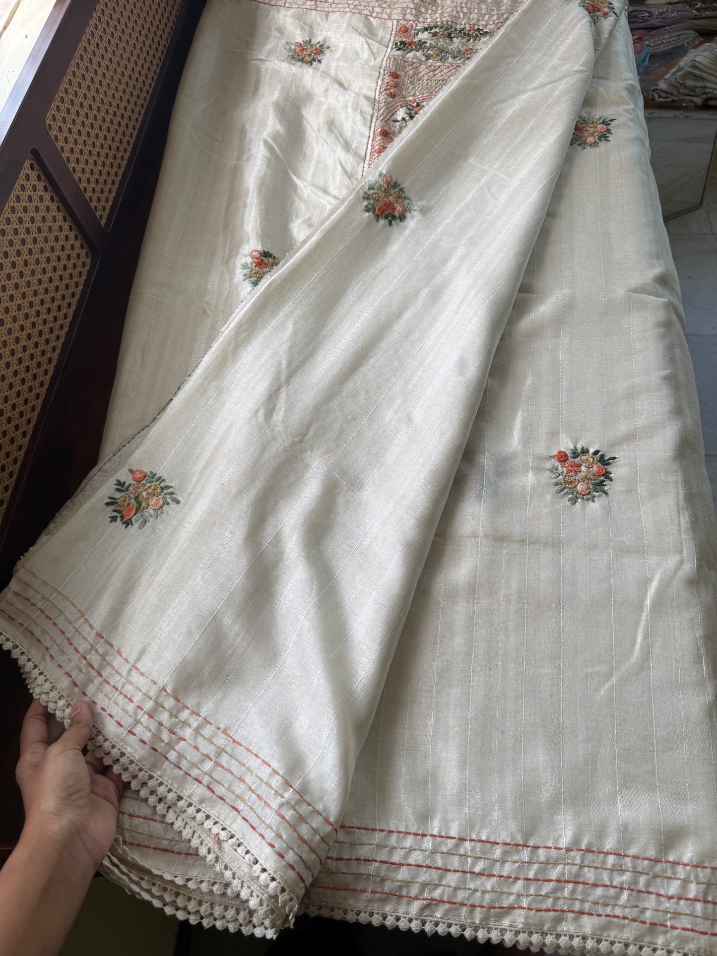 Premium Tussar Blend Saree with Handwork - Halfwhite & Orange
