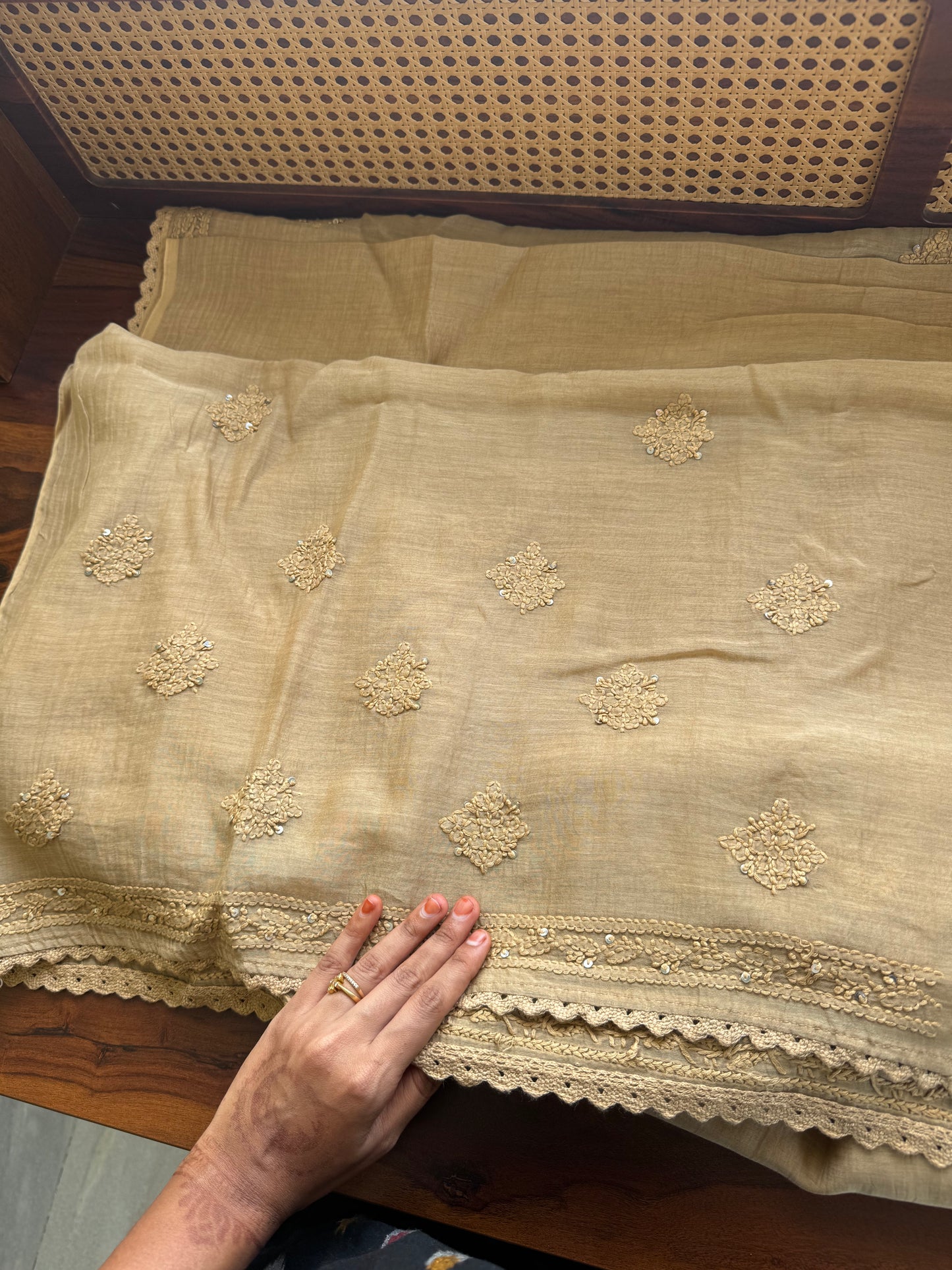 Pure Mul Chanderi Chikankari Saree - Sand Beige