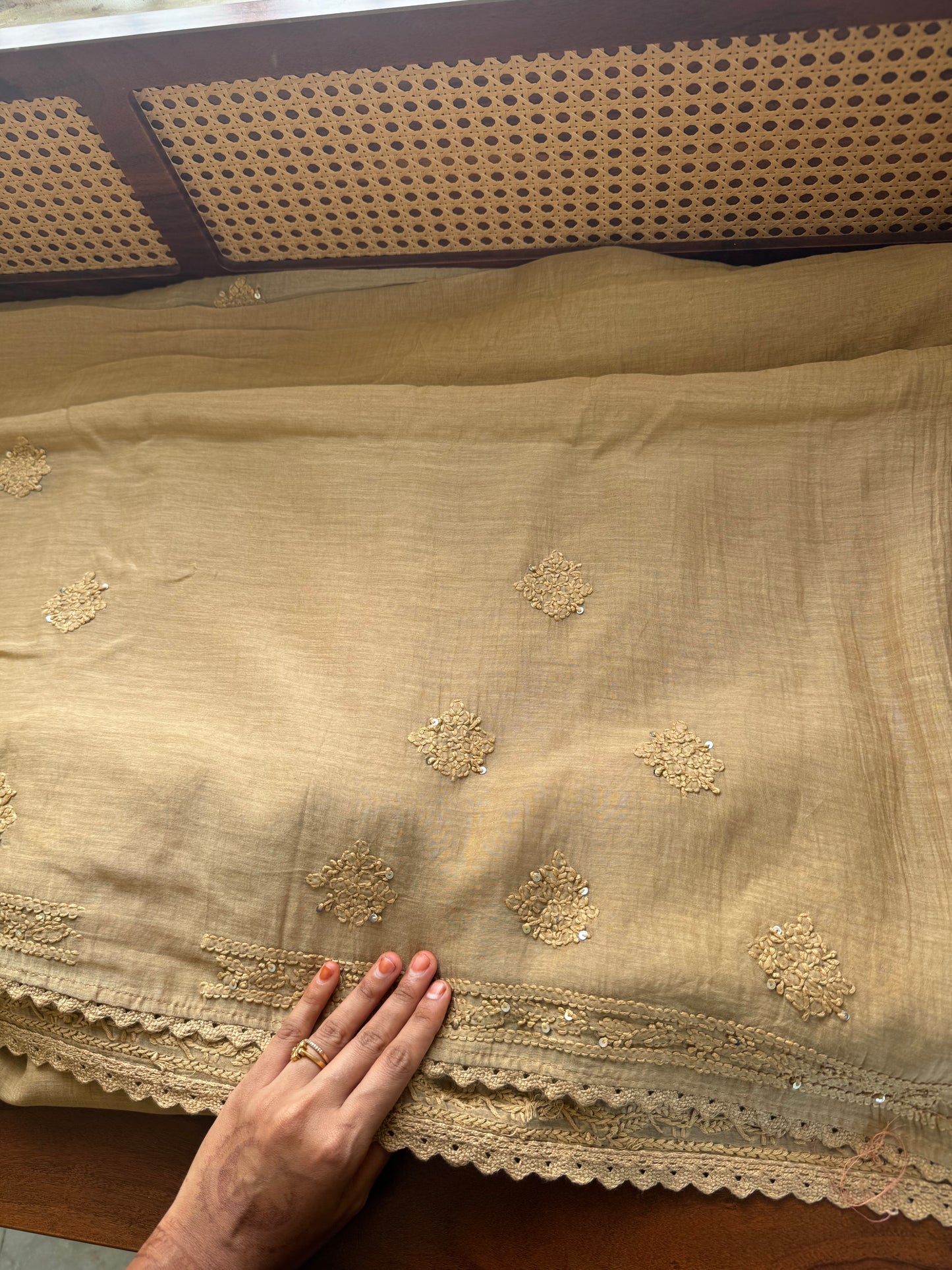 Pure Mul Chanderi Chikankari Saree - Sand Beige