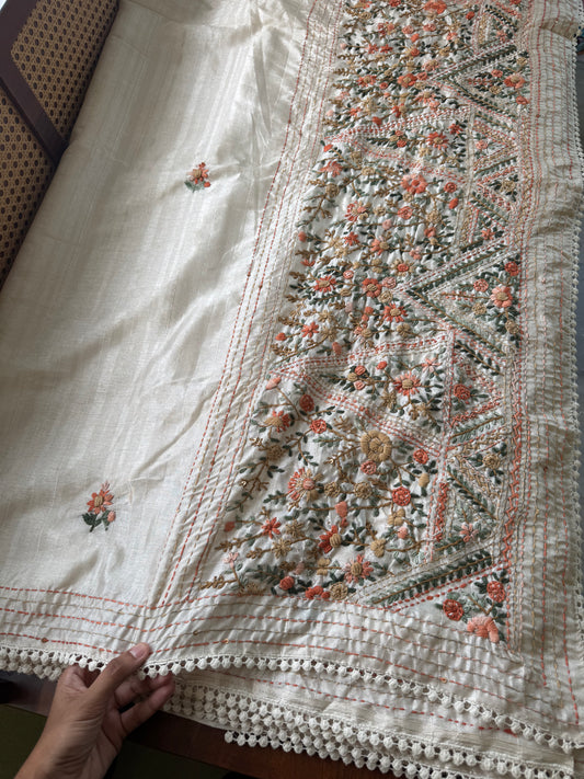 Premium Tussar Blend Saree with Handwork - Halfwhite & Orange