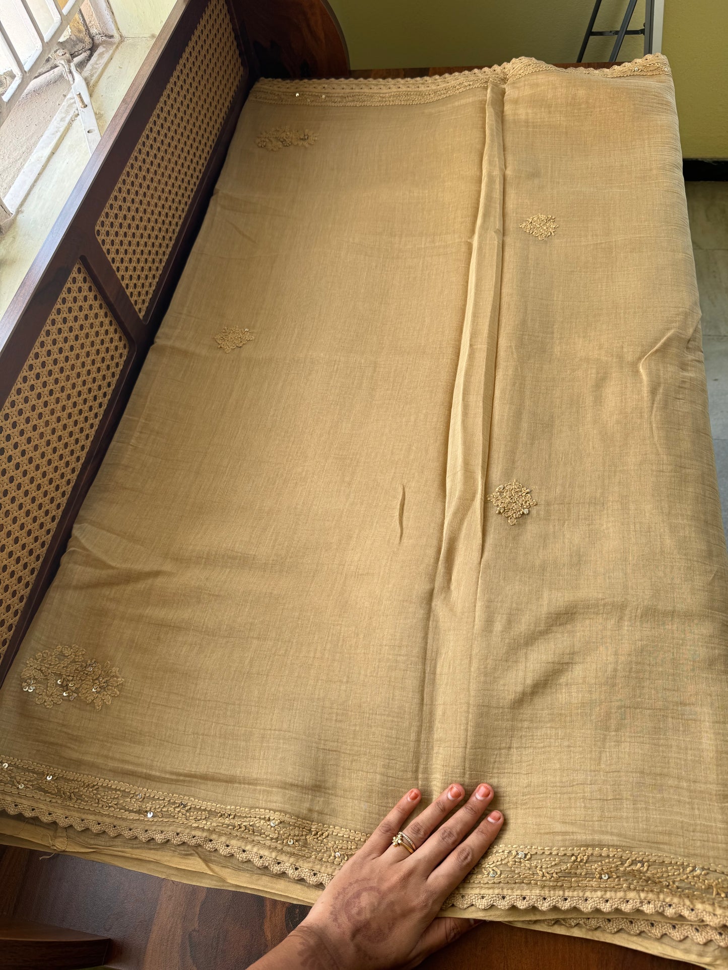 Pure Mul Chanderi Chikankari Saree - Sand Beige