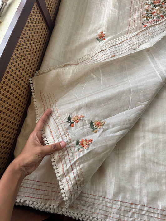 Premium Tussar Blend Saree with Handwork - Halfwhite & Orange