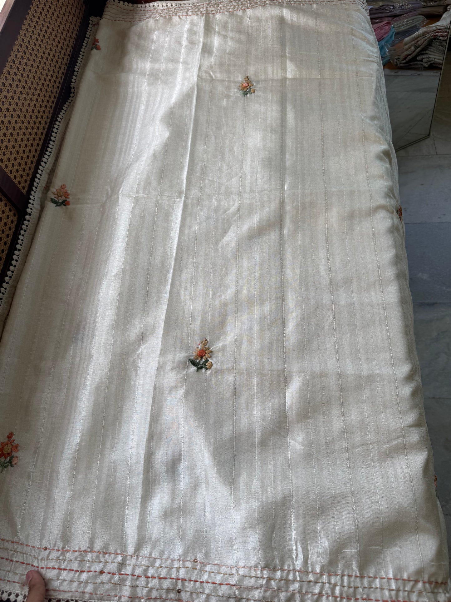 Premium Tussar Blend Saree with Handwork - Halfwhite & Orange