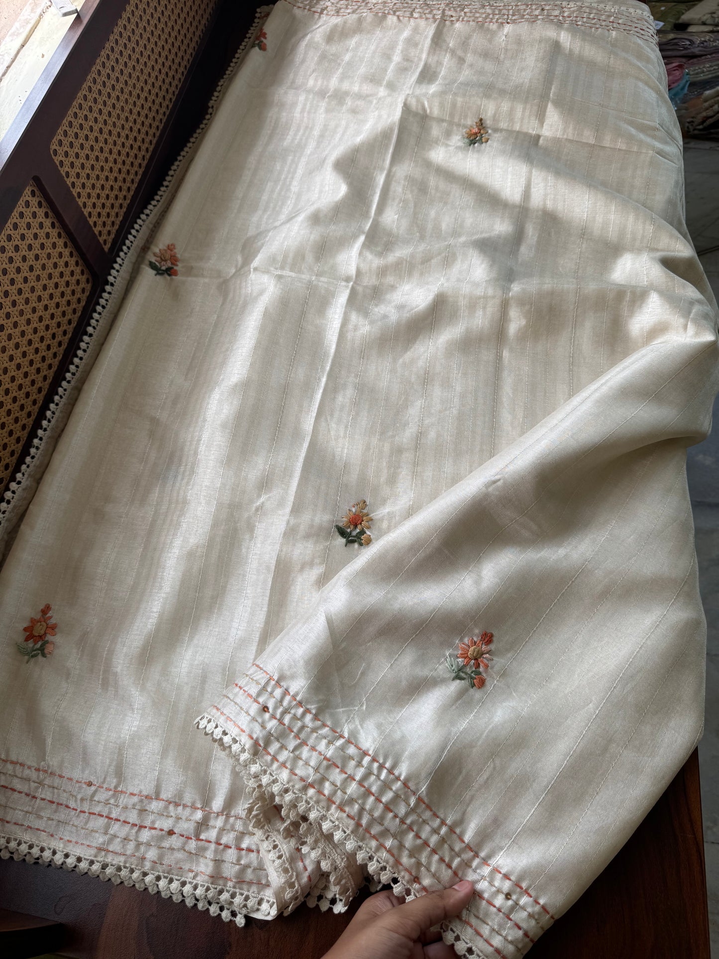 Premium Tussar Blend Saree with Handwork - Halfwhite & Orange