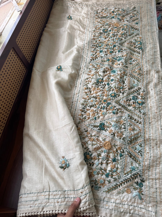 Premium Tussar Blend Saree with Handwork - Halfwhite & Blue