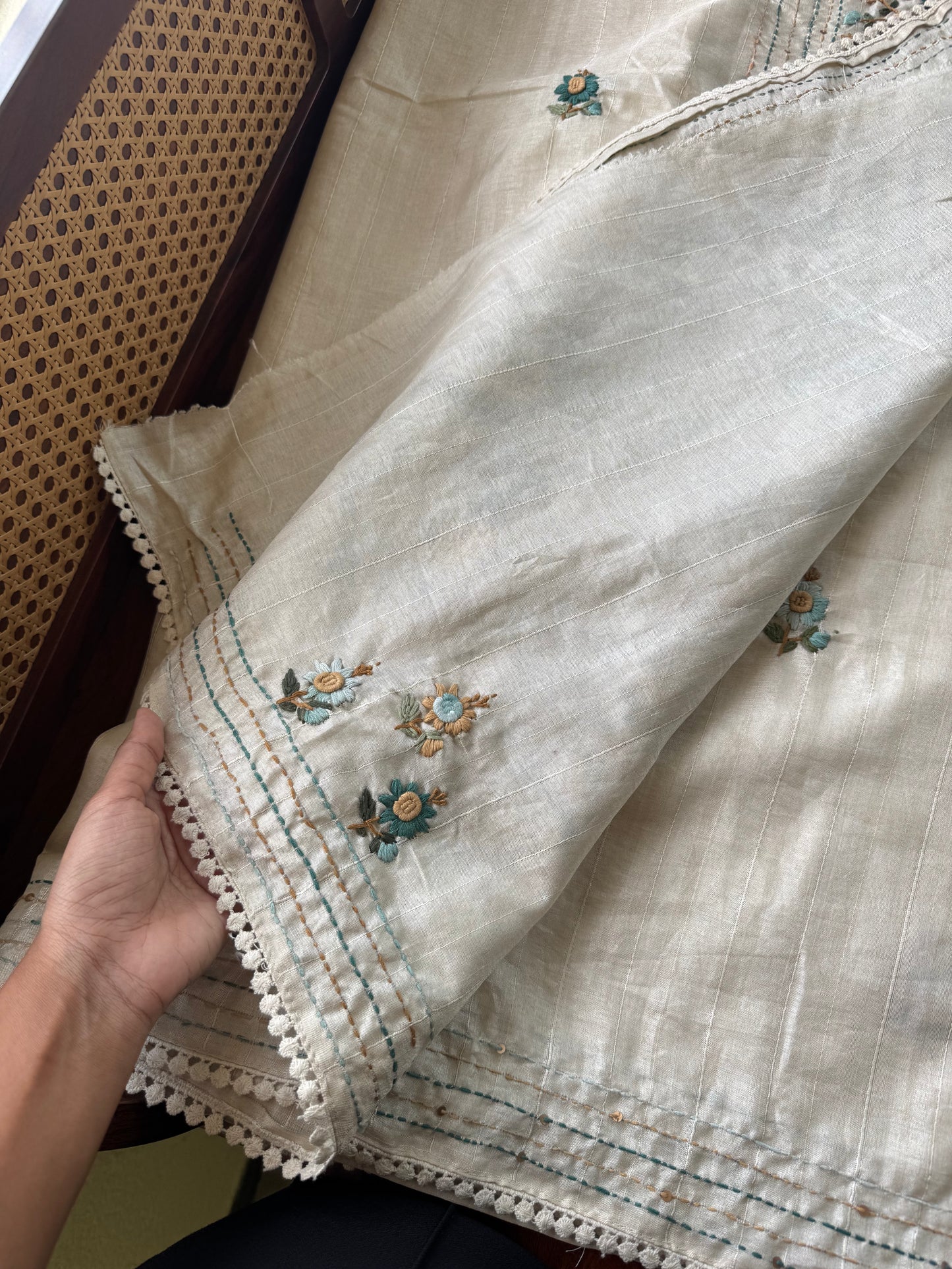 Premium Tussar Blend Saree with Handwork - Halfwhite & Blue