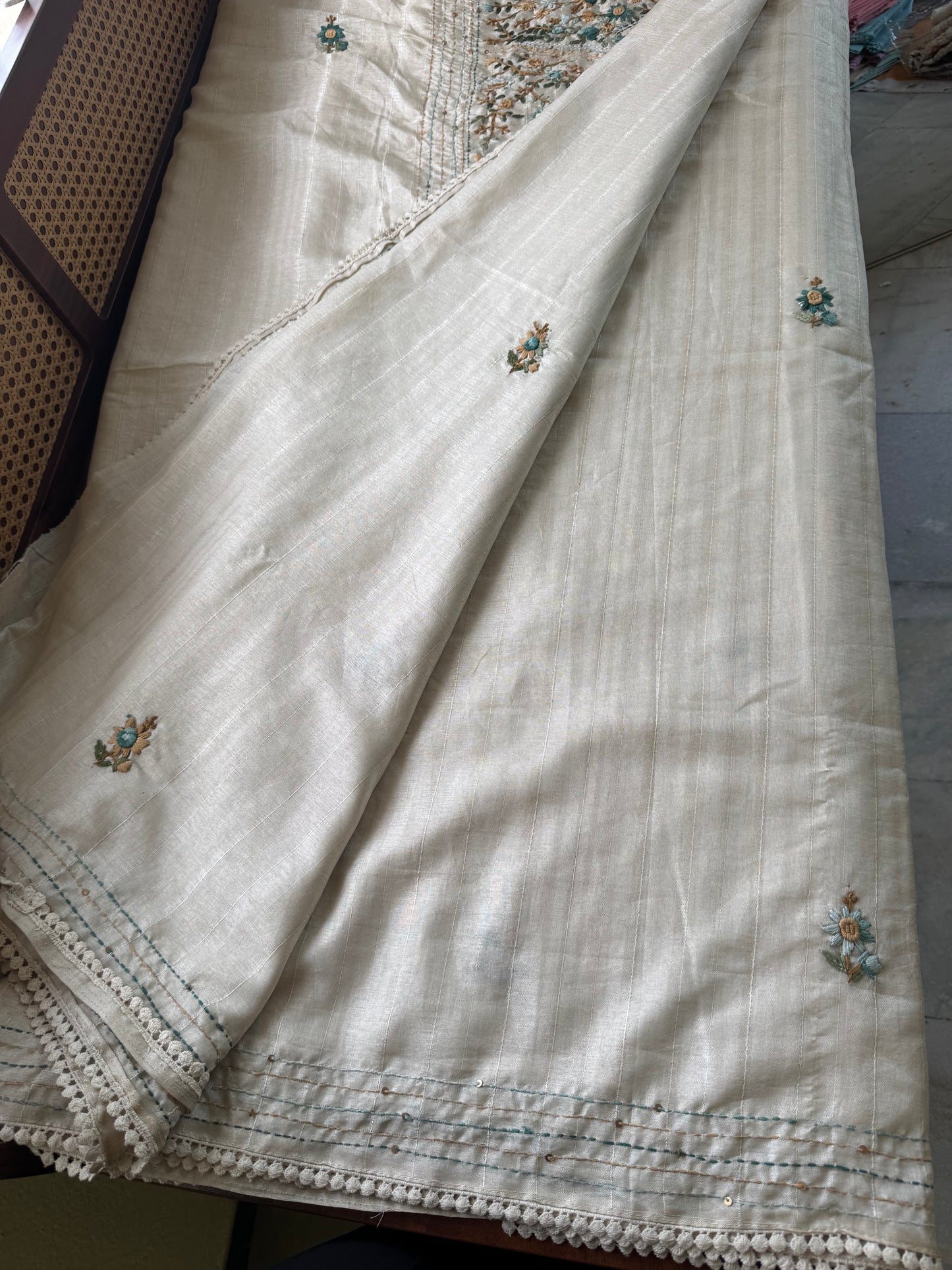 Premium Tussar Blend Saree with Handwork - Halfwhite & Blue