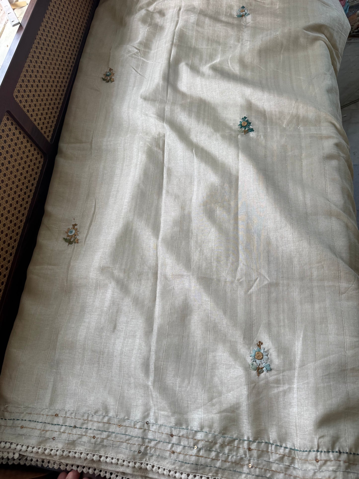 Premium Tussar Blend Saree with Handwork - Halfwhite & Blue