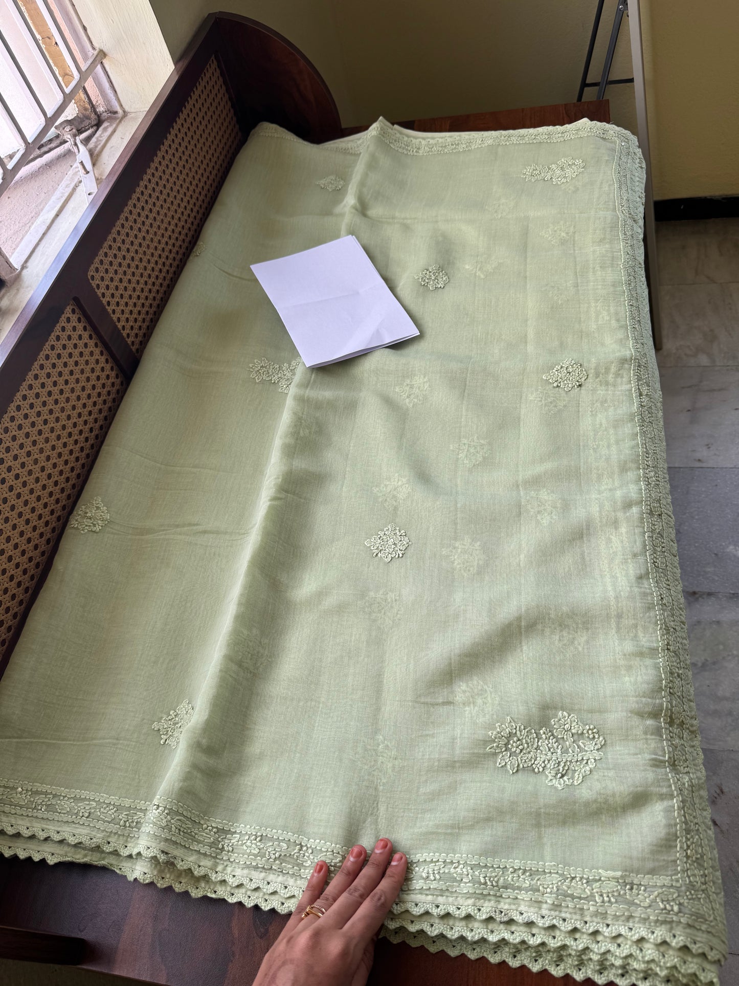 Pure Mul Chanderi Chikankari Saree - Pastel Green