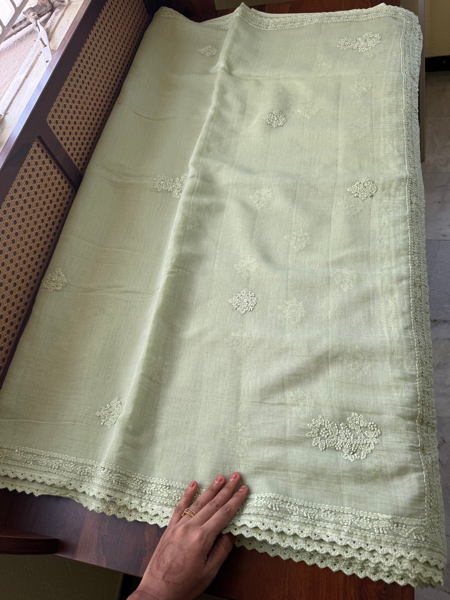 Pure Mul Chanderi Chikankari Saree - Pastel Green