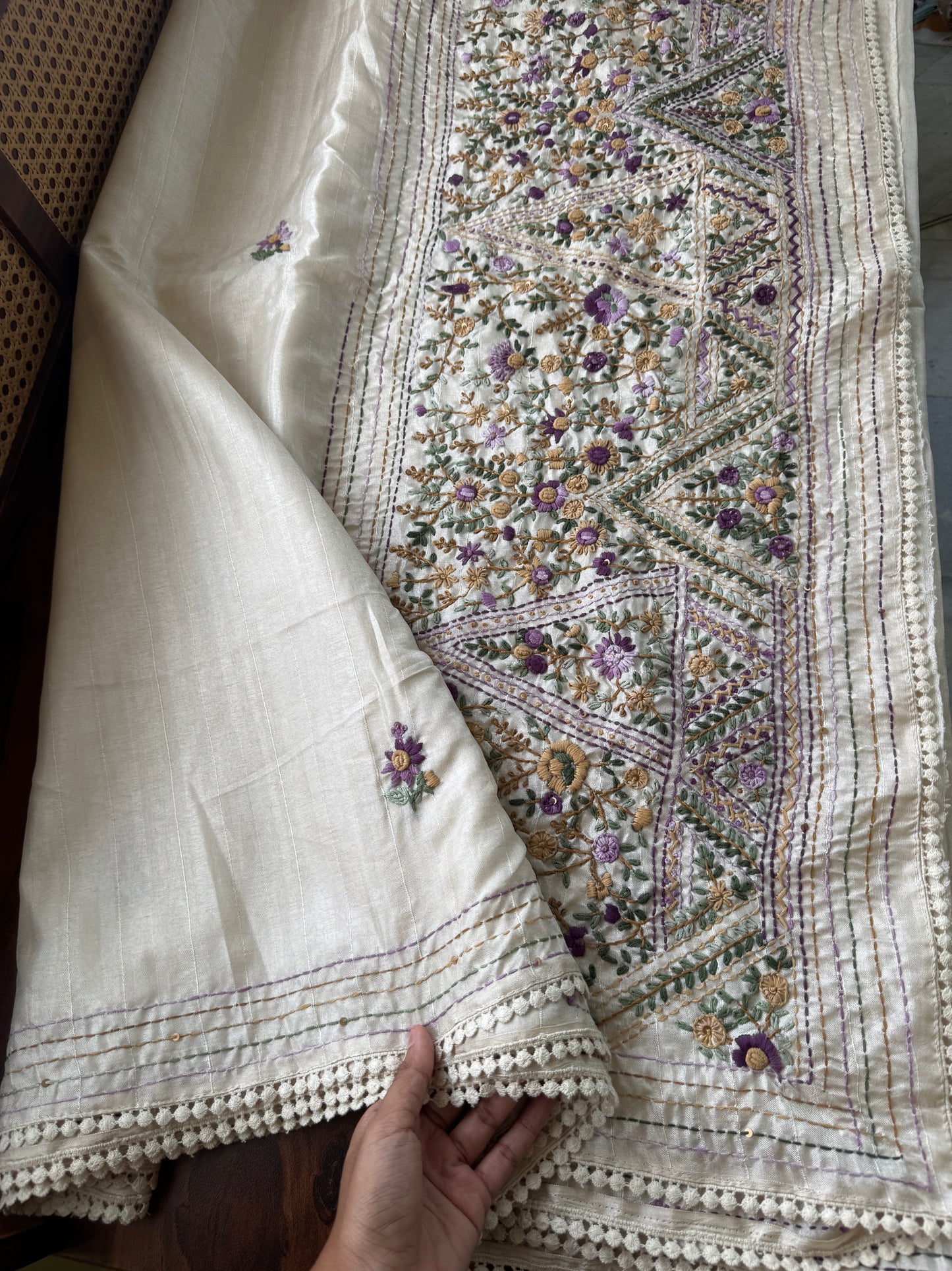 Premium Tussar Blend Saree with Handwork - Halfwhite & Voilet