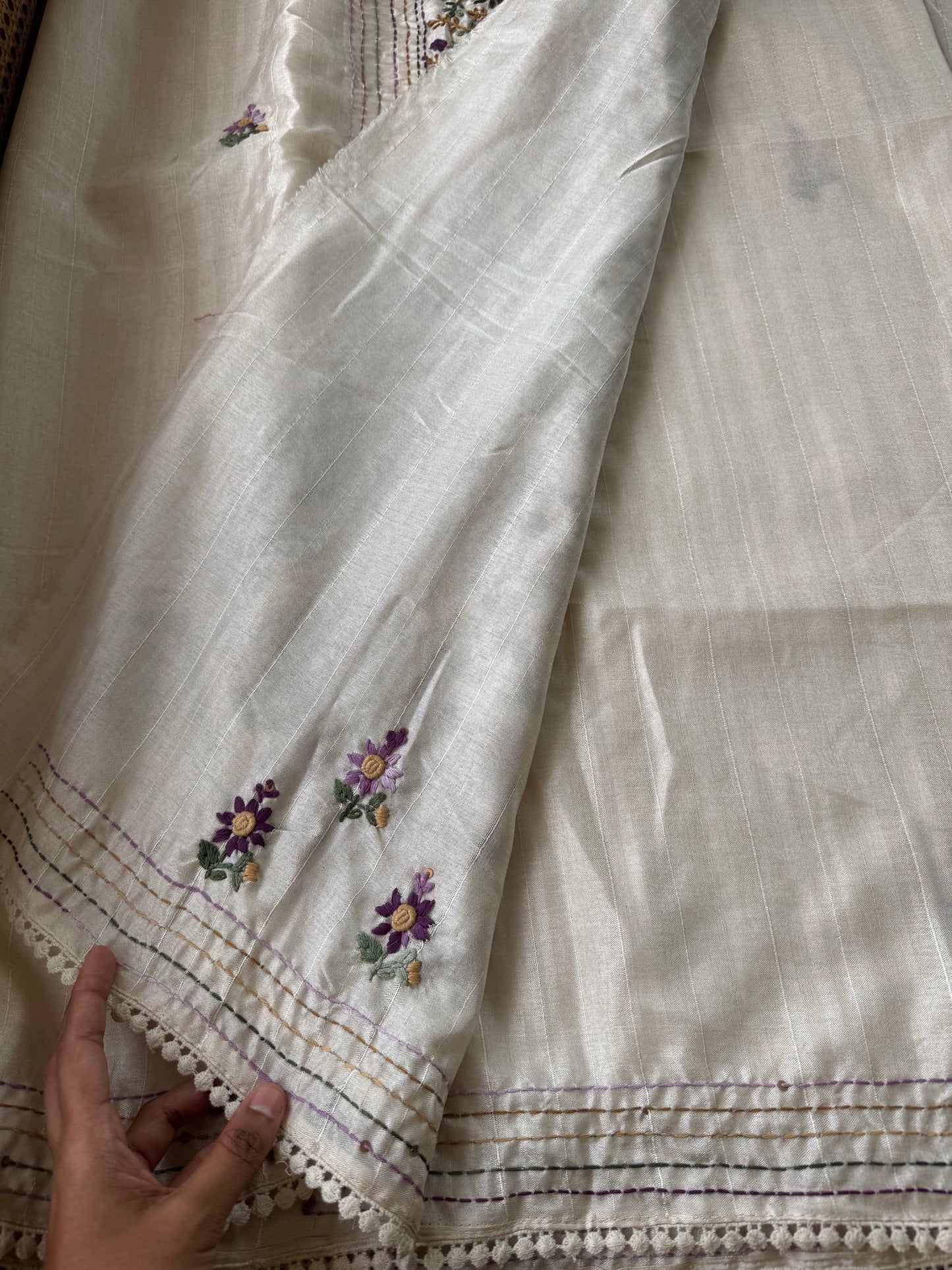 Premium Tussar Blend Saree with Handwork - Halfwhite & Voilet