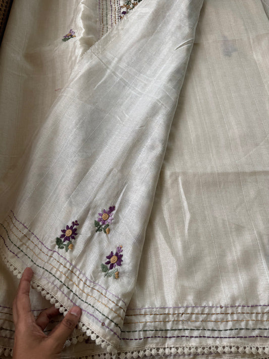 Premium Tussar Blend Saree with Handwork - Halfwhite & Voilet